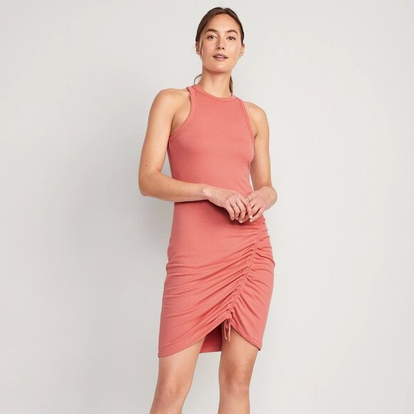 Old Navy Women's UltraLite Racerback Rib-Knit Ruched Dress Aspen Summer - Picture 1 of 7